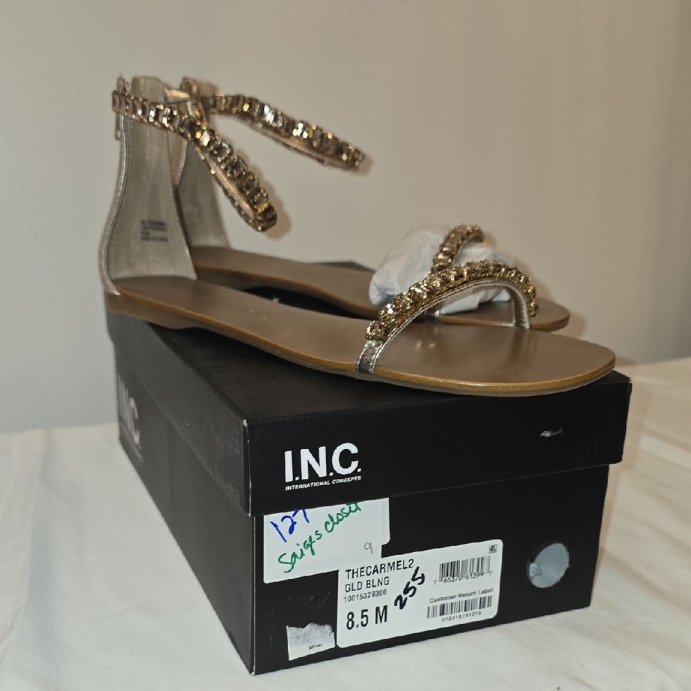 INC International Concepts Gold Beaded Ankle-Strap Sandals